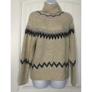 A New Day Womens Sz M Ivory Long Sleeve Turtle Neck Aztec Crochet Fuzzy Sweater